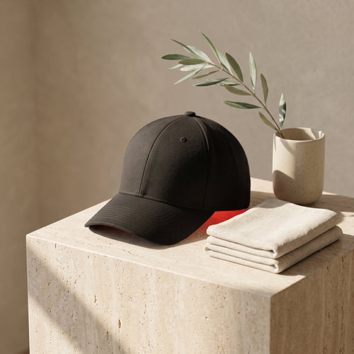 Luxuel Laser Cap 128 black laser hair growth cap on a travertine pedestal