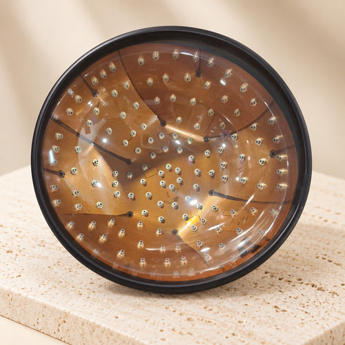 Full interior of the Luxuel Laser Cap 132 removable dome insert on warm stone, showing the real photographed amber radial board and round lenses inside its black rim