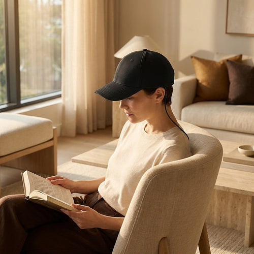 A woman reading at home wearing the Luxuel Laser Cap 132, its power cable running from the back of the cap