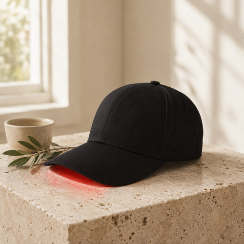 Luxuel Laser Cap 128 black laser hair growth cap on a travertine pedestal