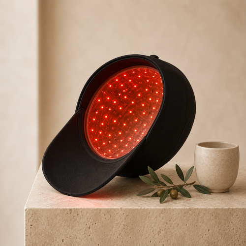 Luxuel Laser Cap 128 tilted to reveal 128 glowing red 650nm laser diodes inside