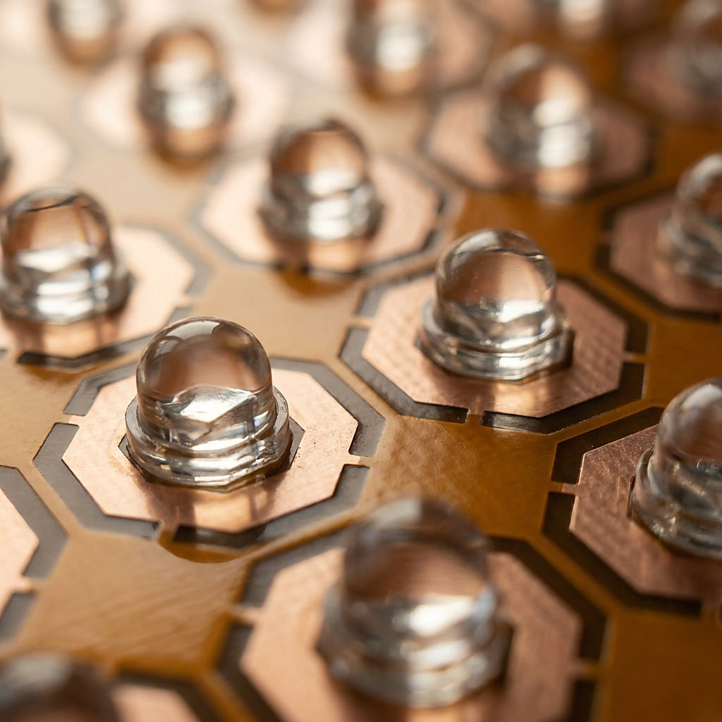 Macro view of the Luxuel laser array: clear domed lens emitters standing proud of the amber circuit board, each ringed by hexagonal copper pads